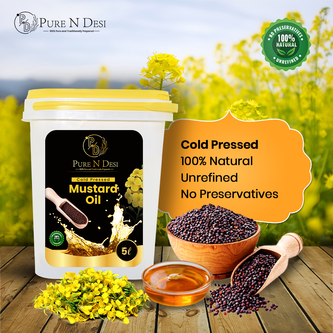 Organic Cold Pressed Mustard Oil - 5 Liter | High Purity, Ideal For Cooking, Skin & Hair Care, Anti-fungal, Healthy Smoke Point