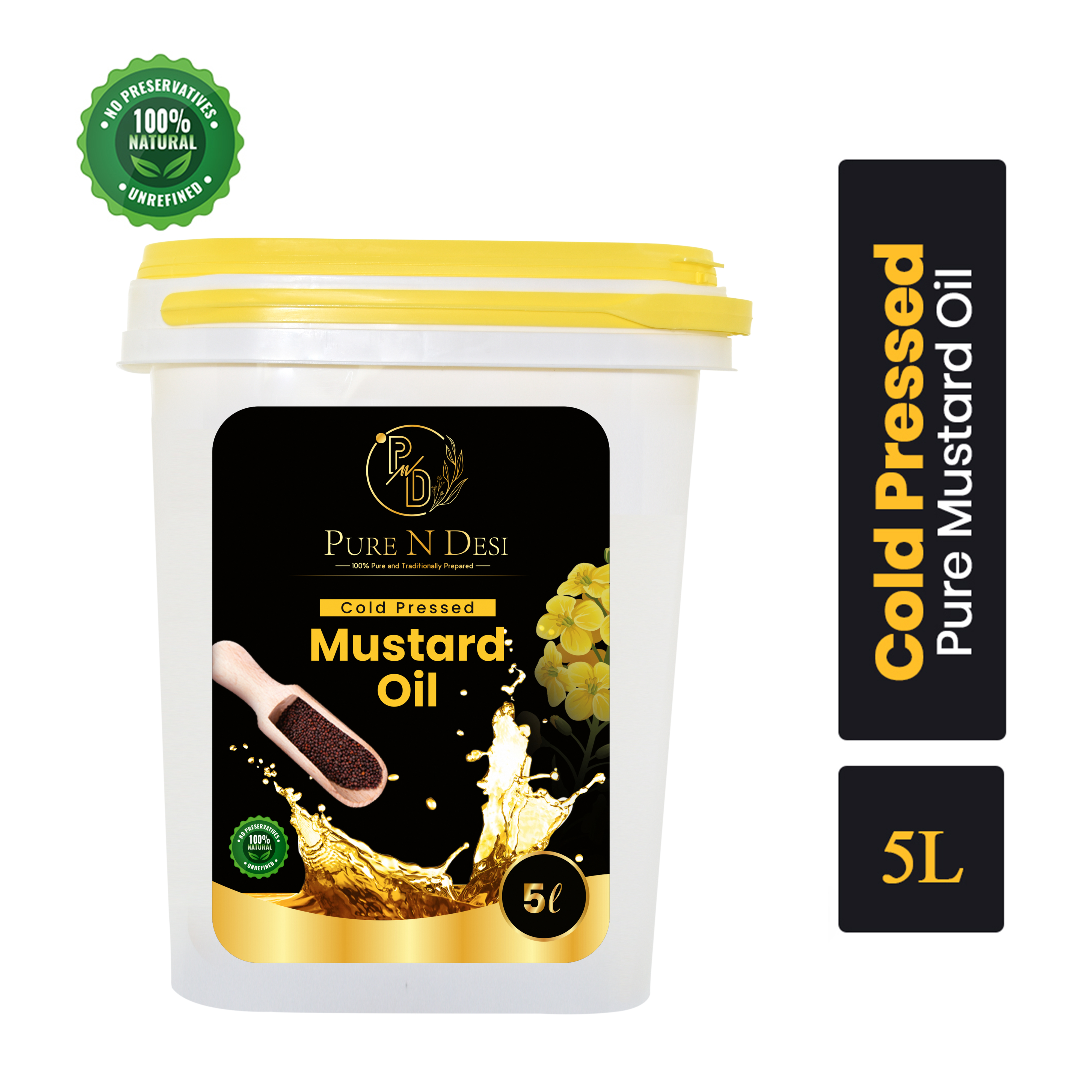 Organic Cold Pressed Mustard Oil - 5 Liter | High Purity, Ideal For Cooking, Skin & Hair Care, Anti-fungal, Healthy Smoke Point