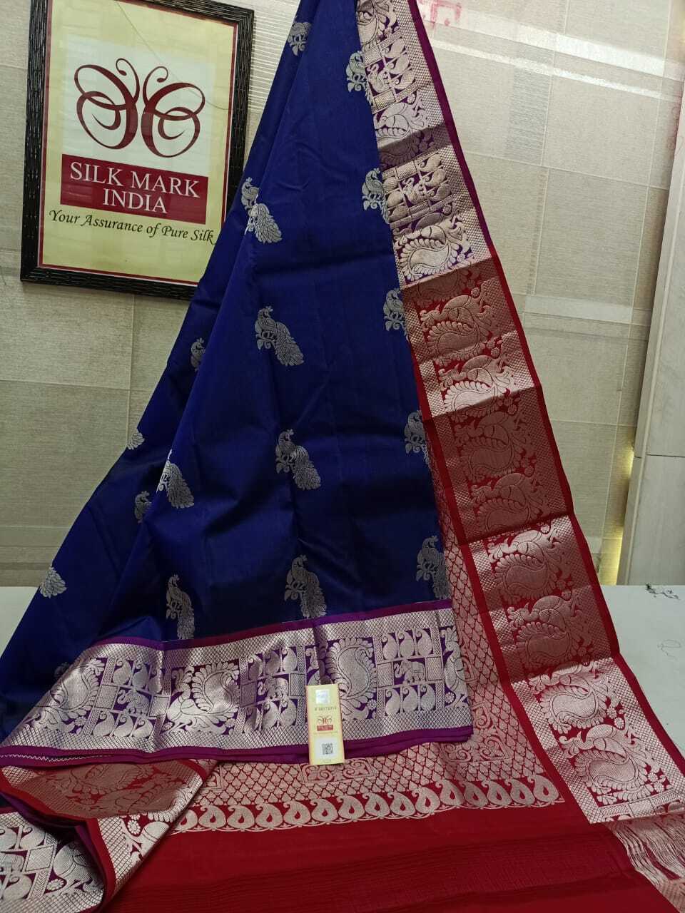 Kanjivaram Pure Silk Saree - Unique Silver Jarie Fancy Border Beautiful Pastel Shades & Peacock Motifs Lightweight Design Silk Mark Certified
