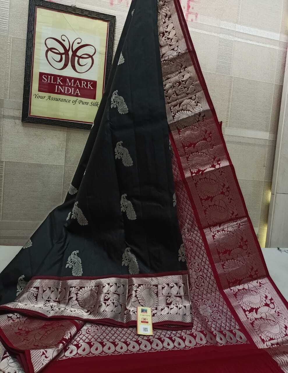 Kanjivaram Pure Silk Saree - Unique Silver Jarie Fancy Border Beautiful Pastel Shades & Peacock Motifs Lightweight Design Silk Mark Certified