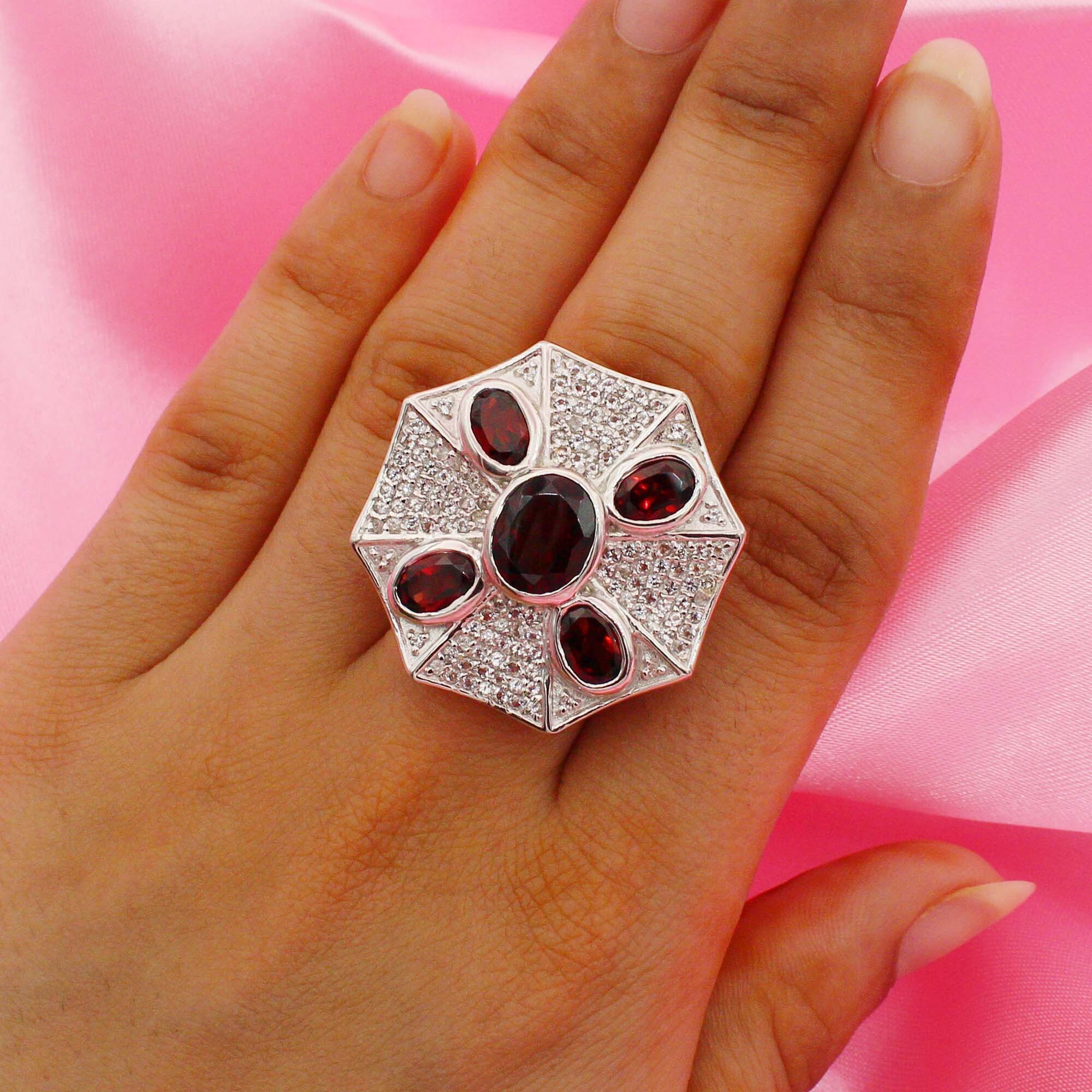 925 Sterling Silver Garnet Octagon Designer Ring