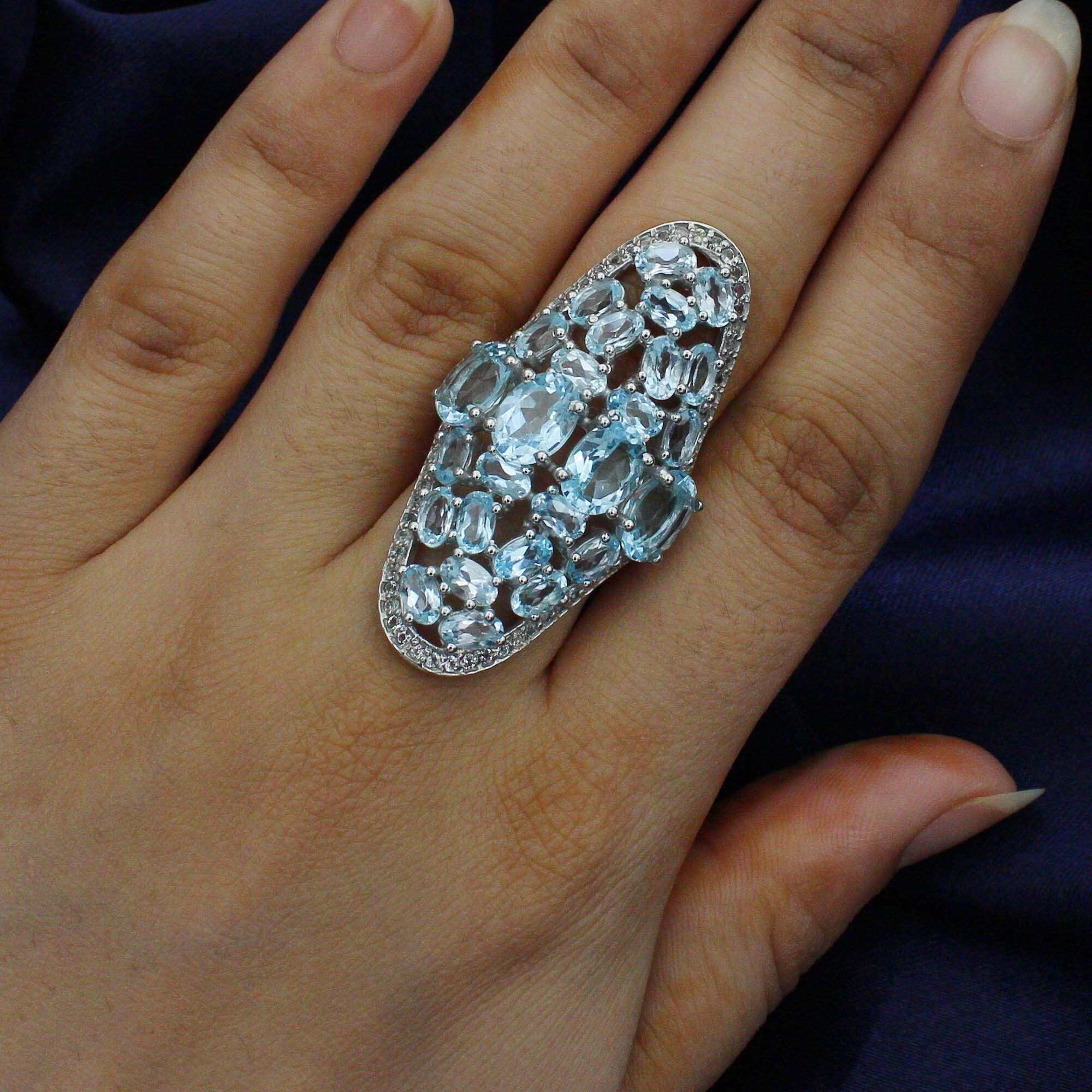 925 Sterling Silver Blue Topaz Long Designer Ring