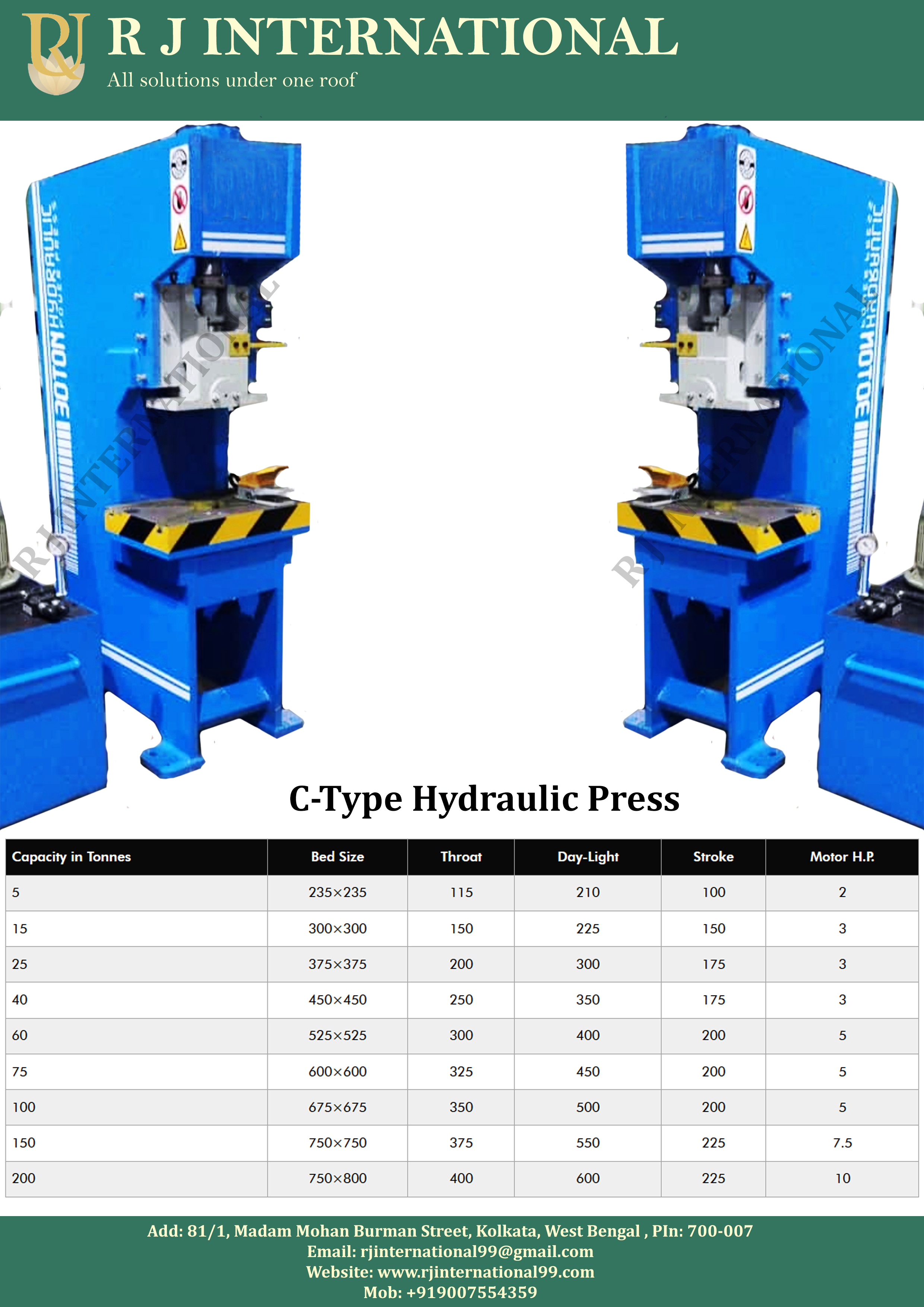 Hydraulic Press Machine - 1500x1050x1900 Mm, 48 Inch Max Opening, 50-250 Mm Nominal Force, 5 Hp Hydraulic Power, 440 Volt Usage, 1200 Kg Weight