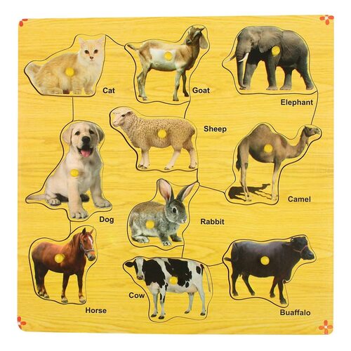 Wooden Domestic Animals Puzzle Board - Wooden, 12 x 12 Inch, Multicolor | Enhances Memory, Improves Finger Coordination, Age 2+