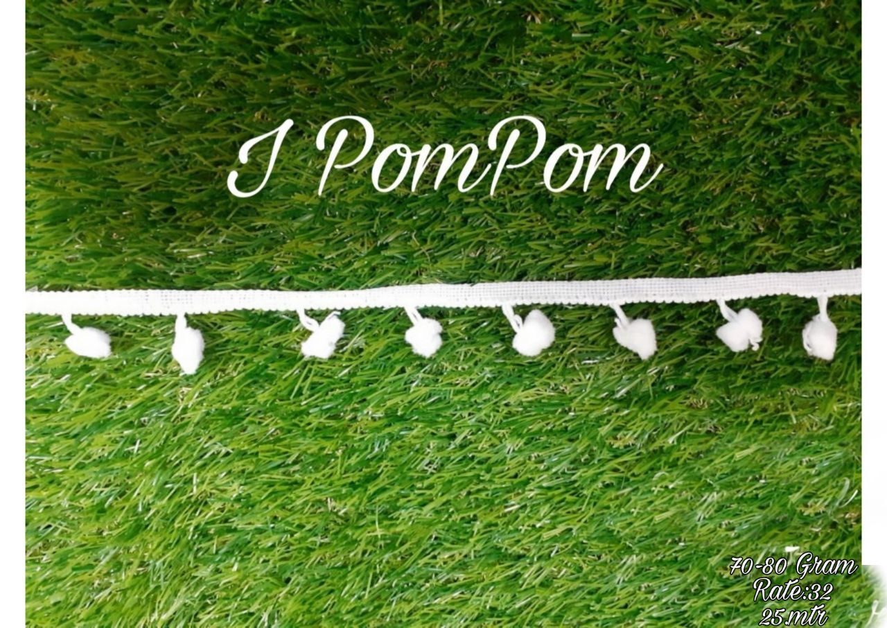 Pom Pom Laces - Nylon Material, 25 Meter Length, 1.5 To 2 Inches Width | White Color, One Sided Design, Exquisite Pom Pom Detailing For Crafts