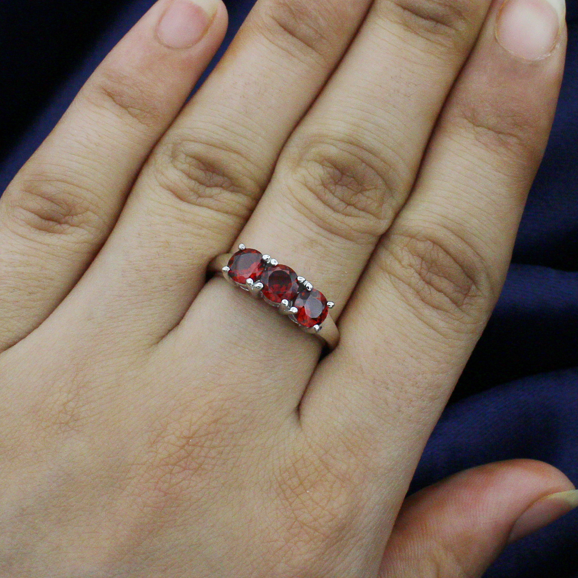 Garnet Three Stone Silver Ring