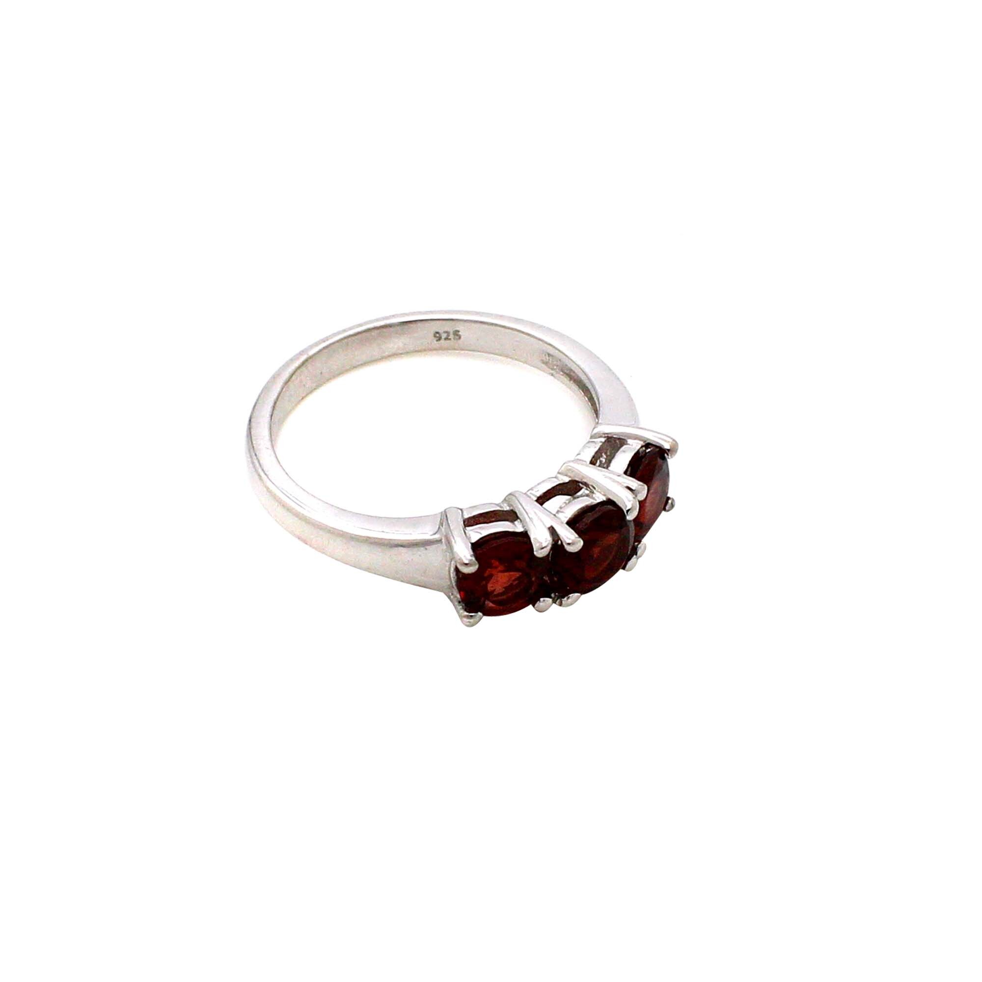 Garnet Three Stone Silver Ring
