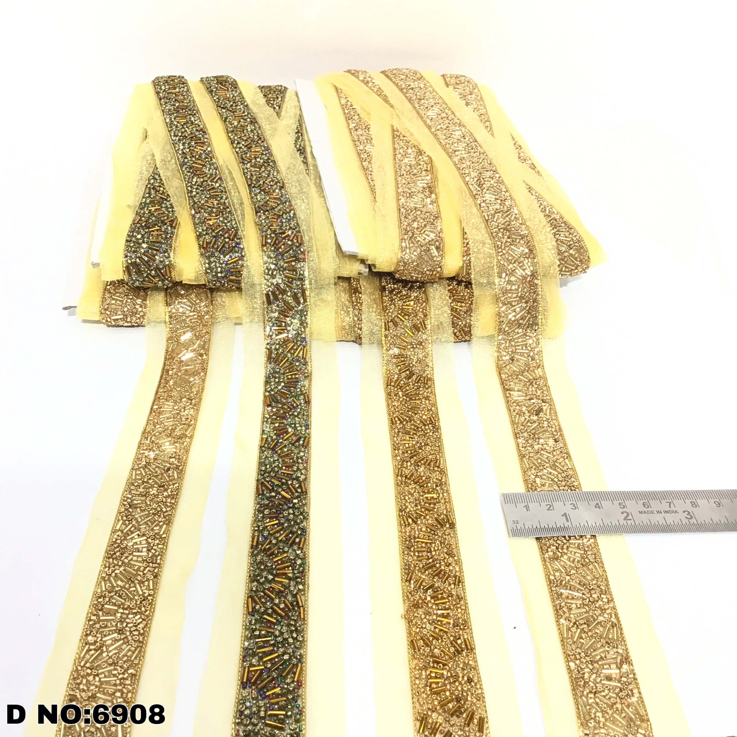 Beaded Tr - Silk Tissue Fabric 9 Mtrs, Golden Silver Antique Gold Beaded Lace, One Sided Design, Width: 1.5-2 Inches, Unique Floral Patterns