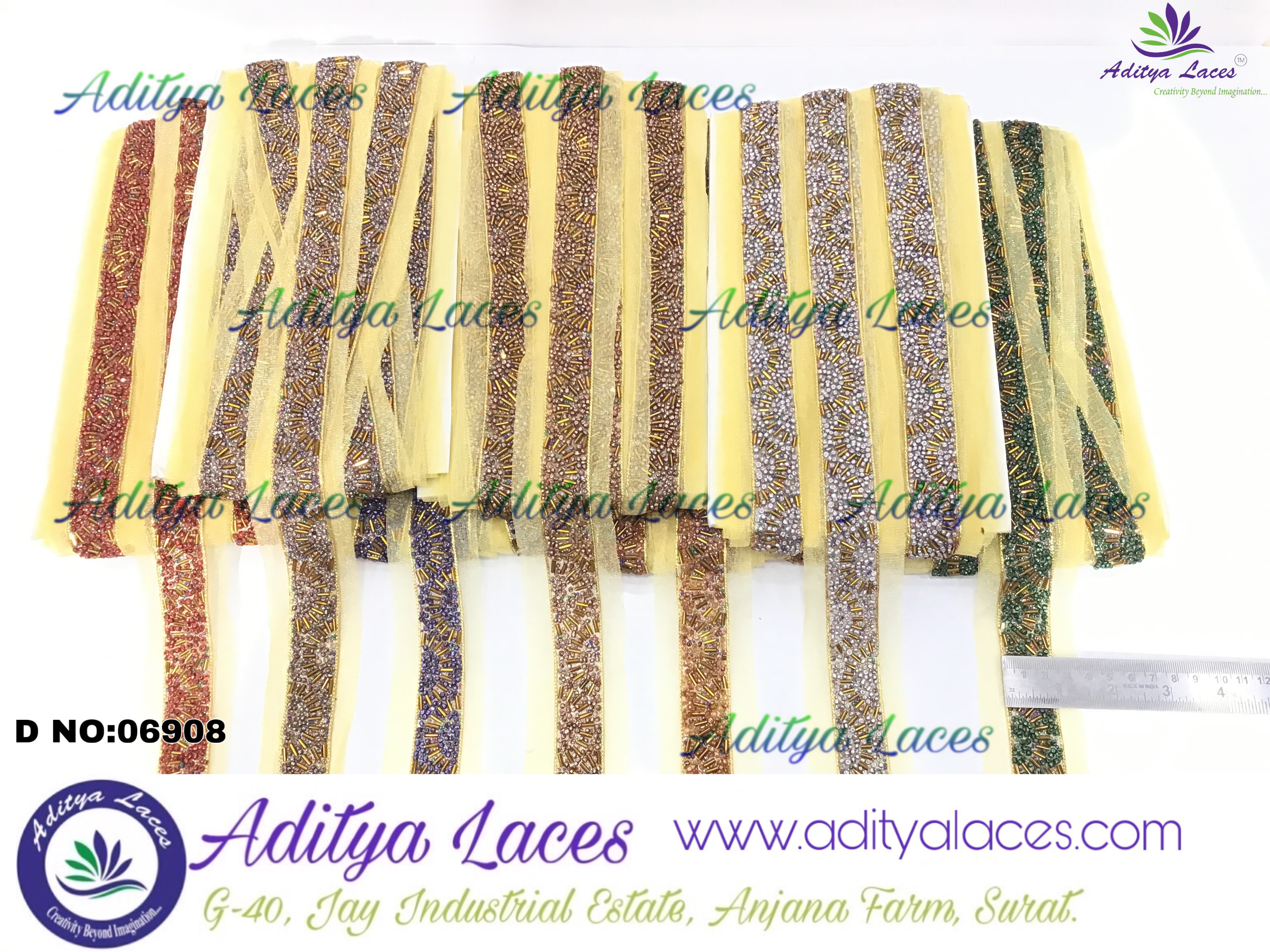 Beaded Tr - Silk Tissue Fabric 9 Mtrs, Golden Silver Antique Gold Beaded Lace, One Sided Design, Width: 1.5-2 Inches, Unique Floral Patterns