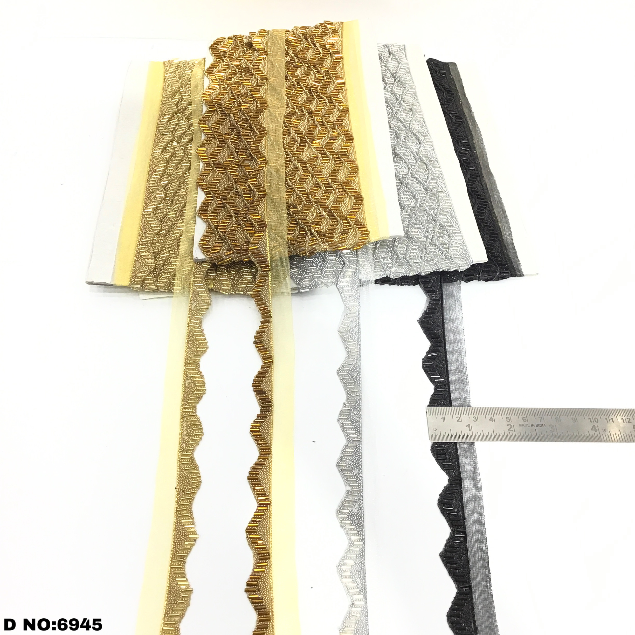 Beaded Tr - Silk Tissue Fabric 9 Mtrs, Golden Silver Antique Gold Beaded Lace, One Sided Design, Width: 1.5-2 Inches, Unique Floral Patterns
