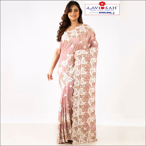 पार्टी वियर कॉटन थ्रेड और जरी वर्क ऑन सॉफ्ट जॉर्जेट साड़ी