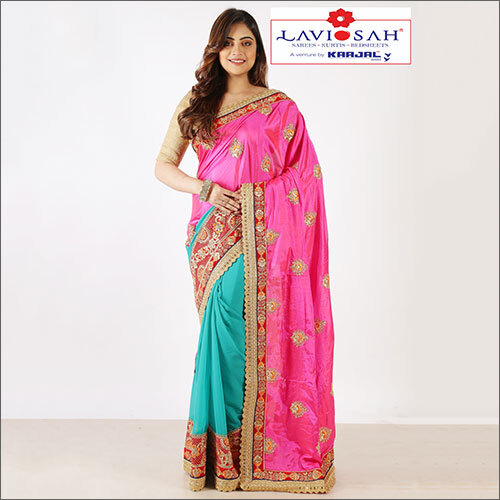 कॉटन पार्टी वियर हाफ हाफ वर्क साड़ी