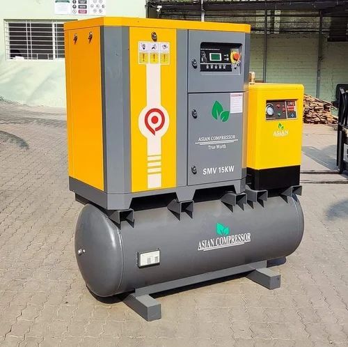 Air Cooled Rotary Screw Compressor - 5 kW, 30 HP, 90x60 Inch, Grey | IE3 High Efficiency Motor, Heavy Duty Industrial & Medical Use, Lubricated Design, Stationary with Air Receiver Option