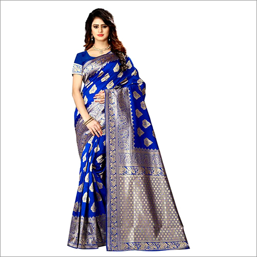 Ladies Blue Kajukatari Banarasi Saree