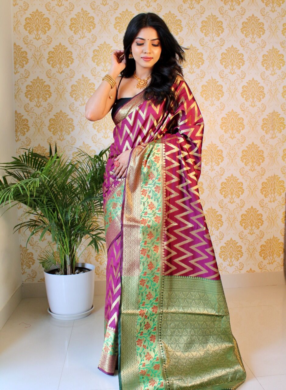 Slik Sarees - Soft Katan Pattu Kanjivaram Silk, Classy Rich Pallu Full Body Leriya Design, Customizable Size, Breathable & Washable Material