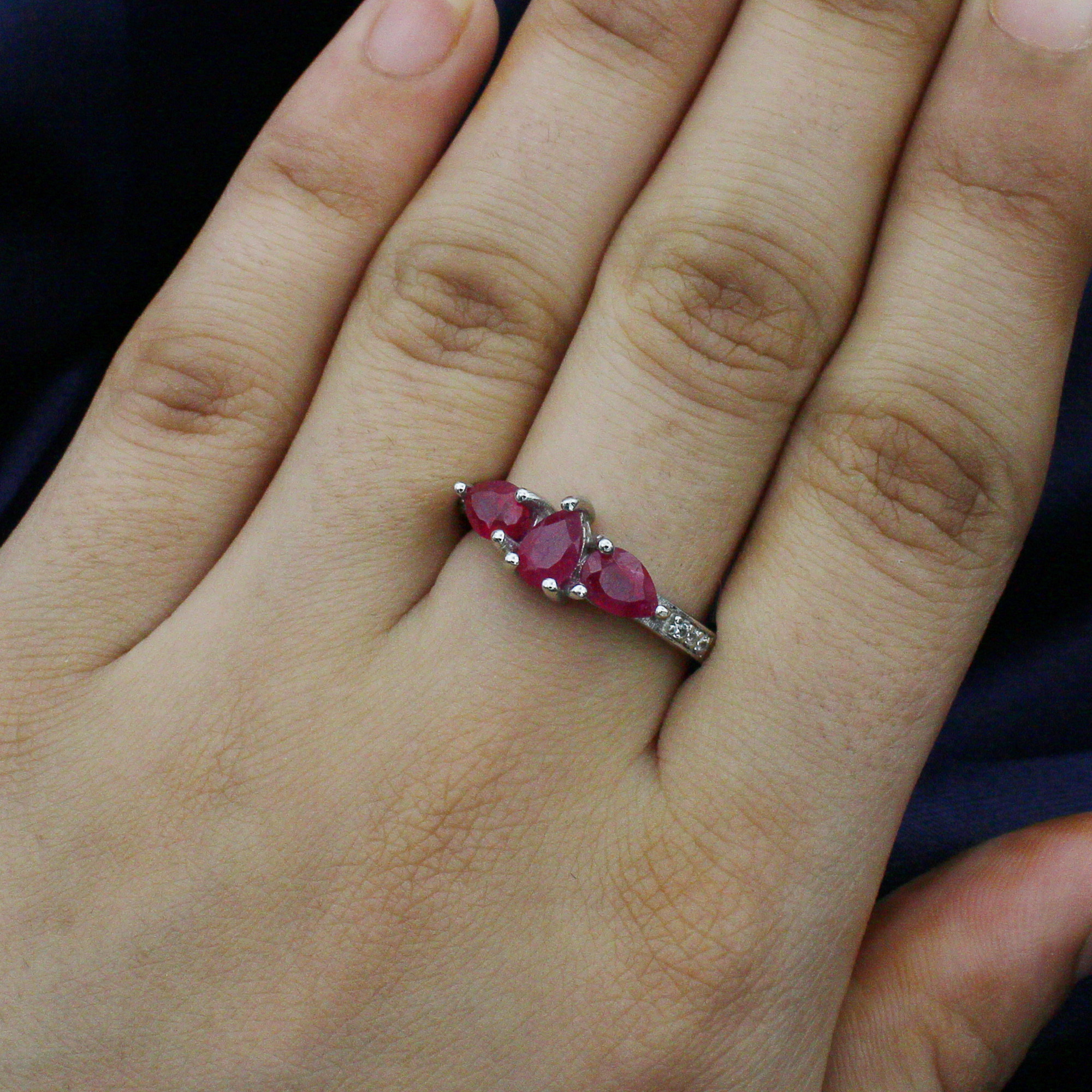 925 Sterling Silver Ruby Three Stone Ring