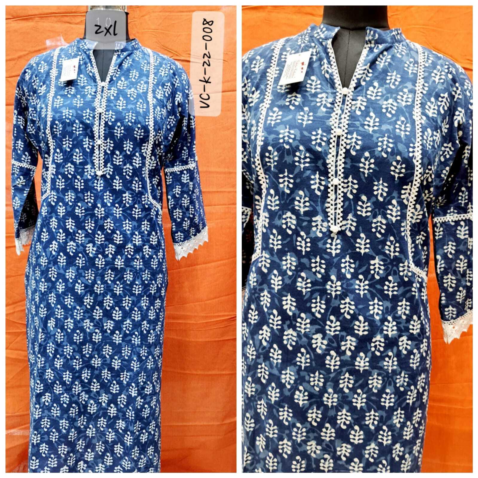 Handloom Kurti - Cotton, Assorted Sizes, Blue Color, 3/4 Sleeve, Printed Design, Customization Available
