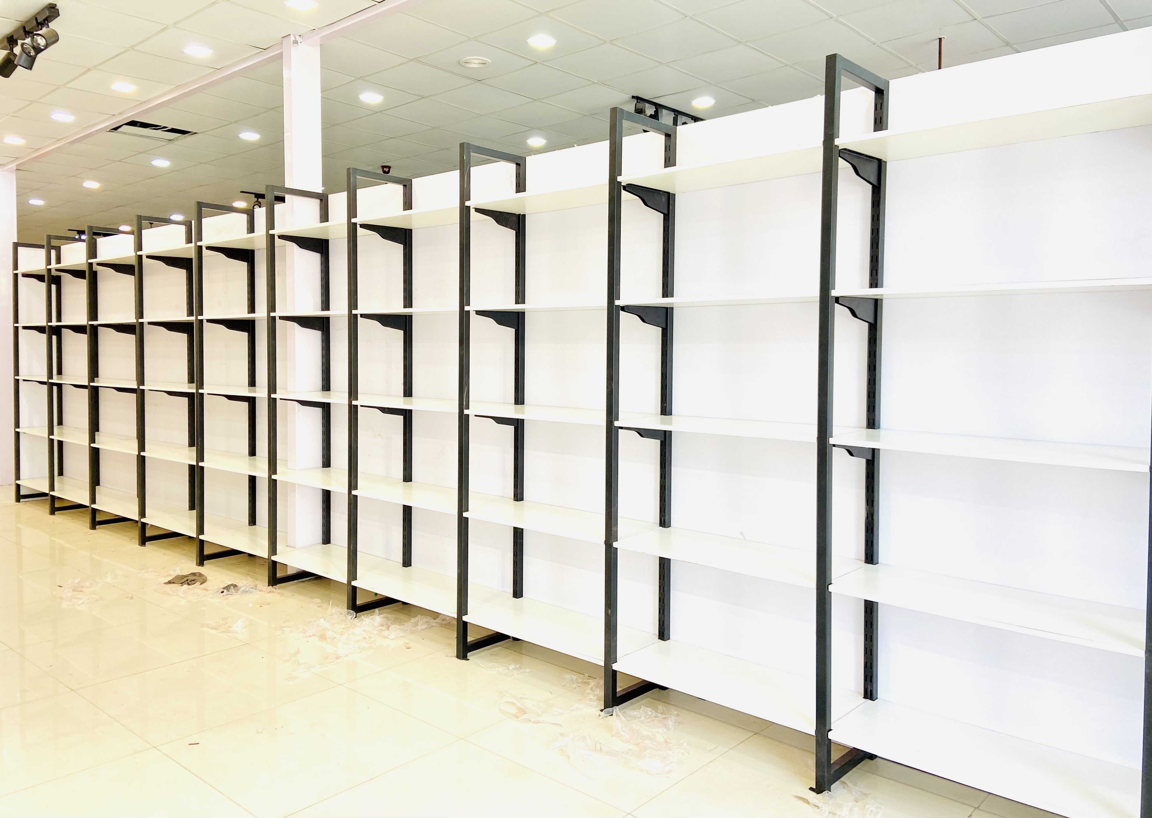 Wall Mounted Slotted Angle Super Market Rack - High Quality, Powder Coated Finish | Adjustable Layer Design, Stable And Effective Display Solution