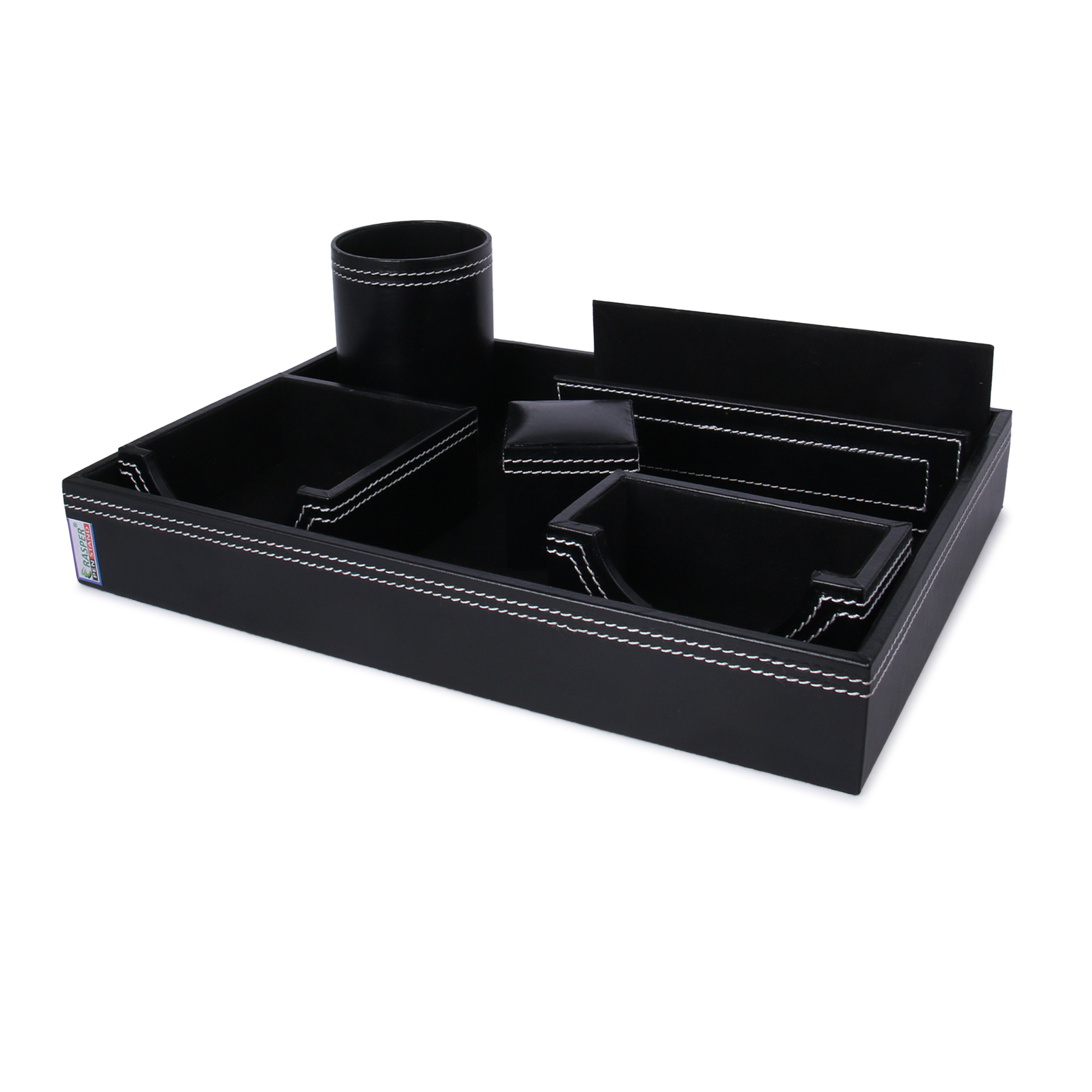 Rasper Genuine Leather Multipurpose Desk Organizer 6-in-1 Desktop Set Pen Stand Holder With Mobile Holder And Remote Stand For Office Desk Table Storage Organizer Box (Black) Premium Quality Product