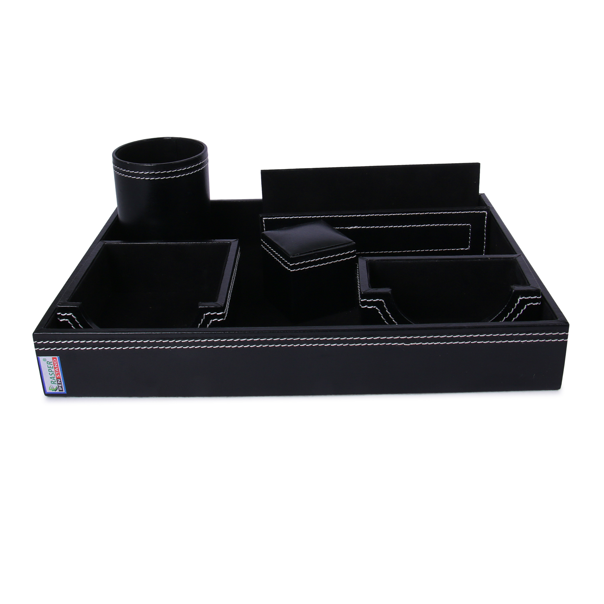 Rasper Genuine Leather Multipurpose Desk Organizer 6-in-1 Desktop Set Pen Stand Holder With Mobile Holder And Remote Stand For Office Desk Table Storage Organizer Box (Black) Premium Quality Product