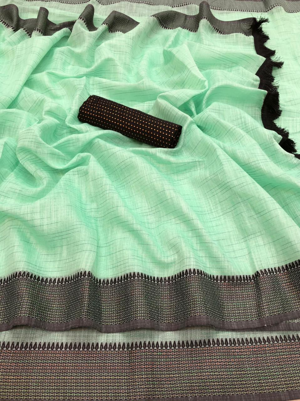 Rich Cotton Saree - Cotton Silk Fabric With Sequined Zari Lining Border, Customizable Blouse, Breathable & Washable Features