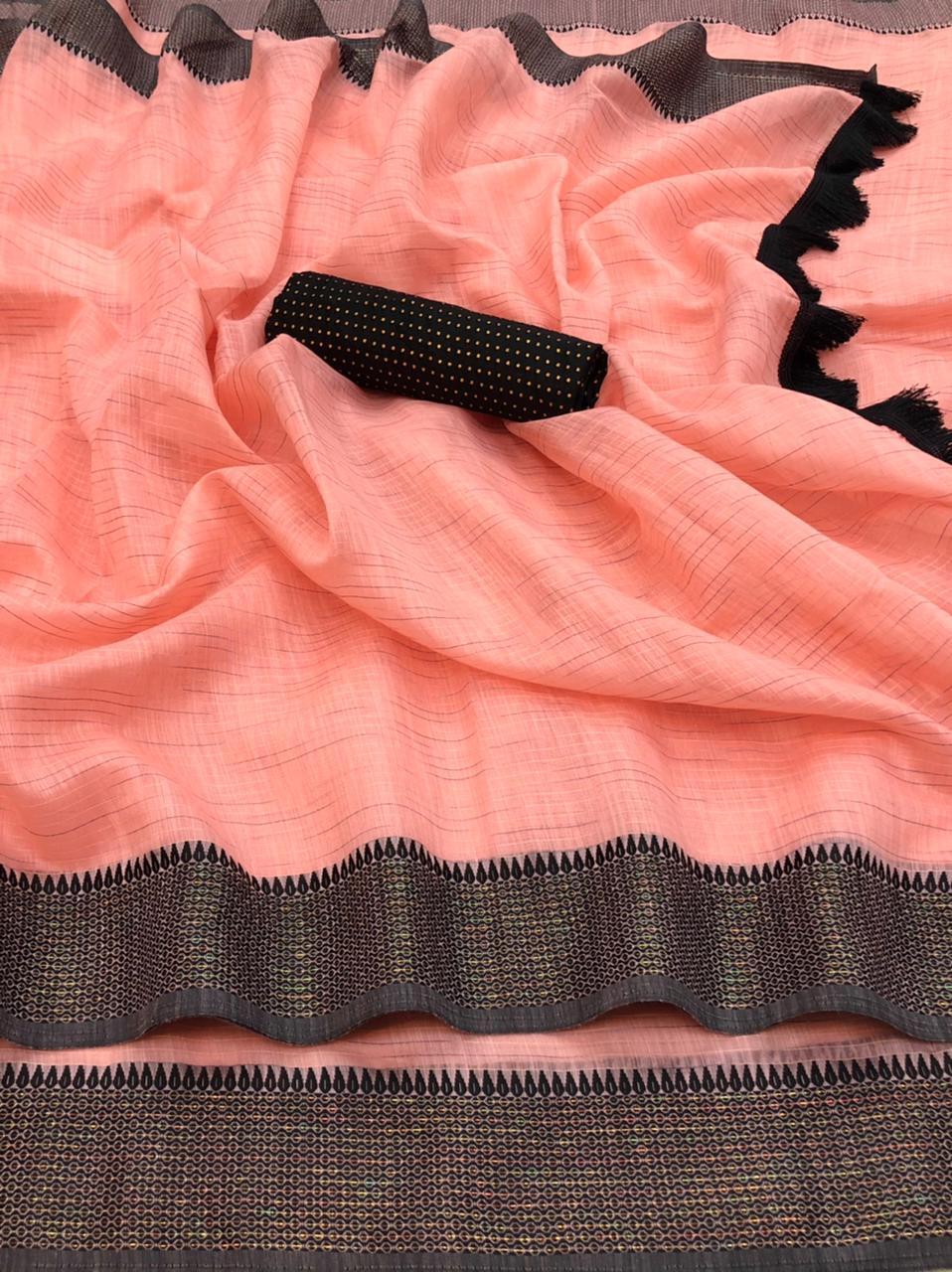 Rich Cotton Saree - Cotton Silk Fabric With Sequined Zari Lining Border, Customizable Blouse, Breathable & Washable Features