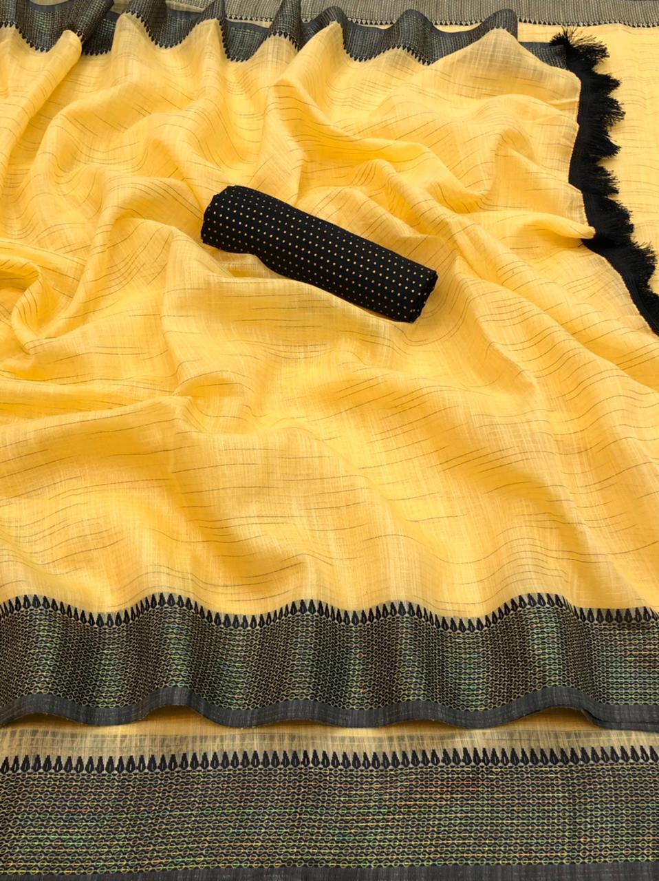 Rich Cotton Saree - Cotton Silk Fabric With Sequined Zari Lining Border, Customizable Blouse, Breathable & Washable Features