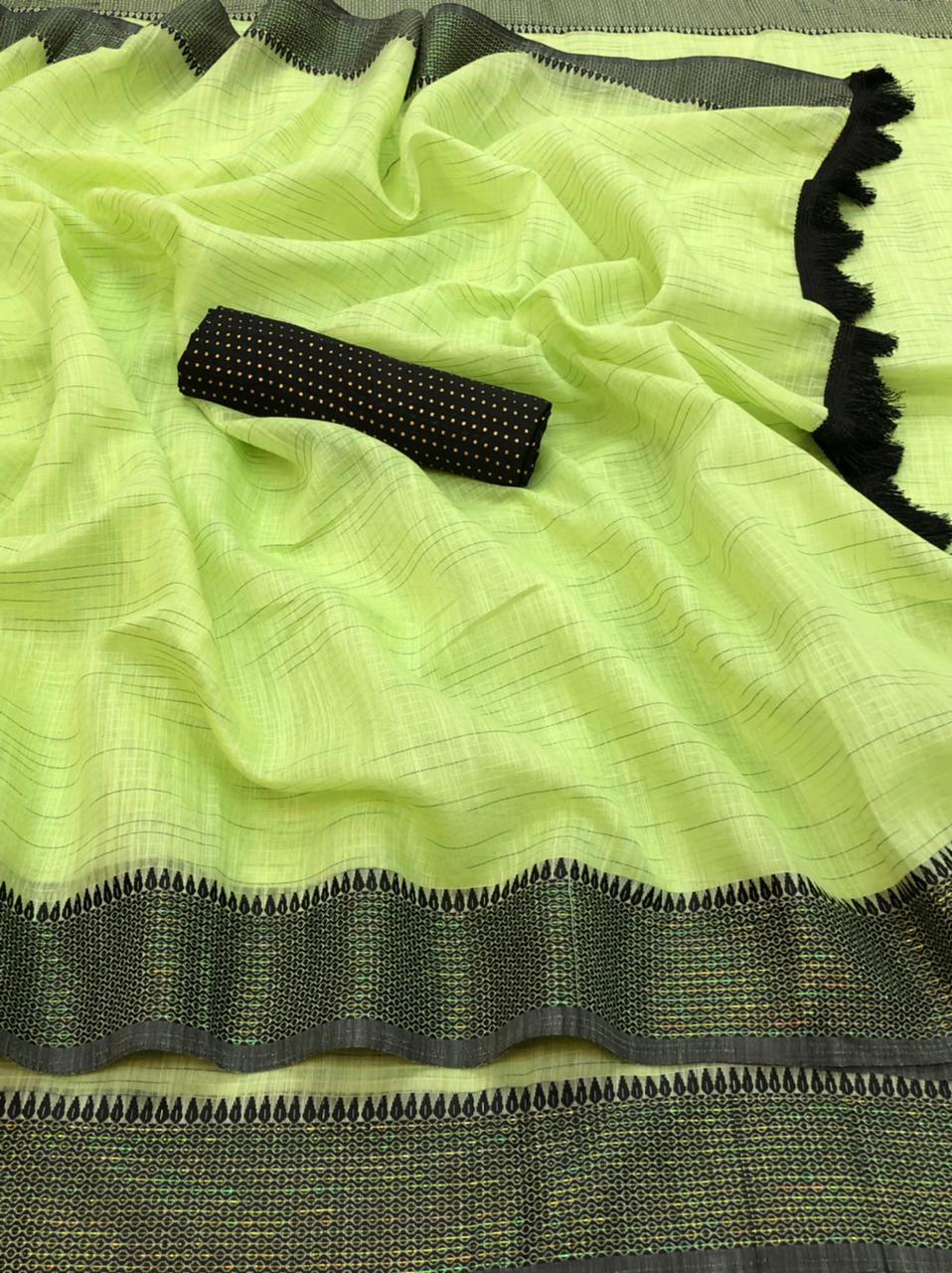 Rich Cotton Saree - Cotton Silk Fabric With Sequined Zari Lining Border, Customizable Blouse, Breathable & Washable Features