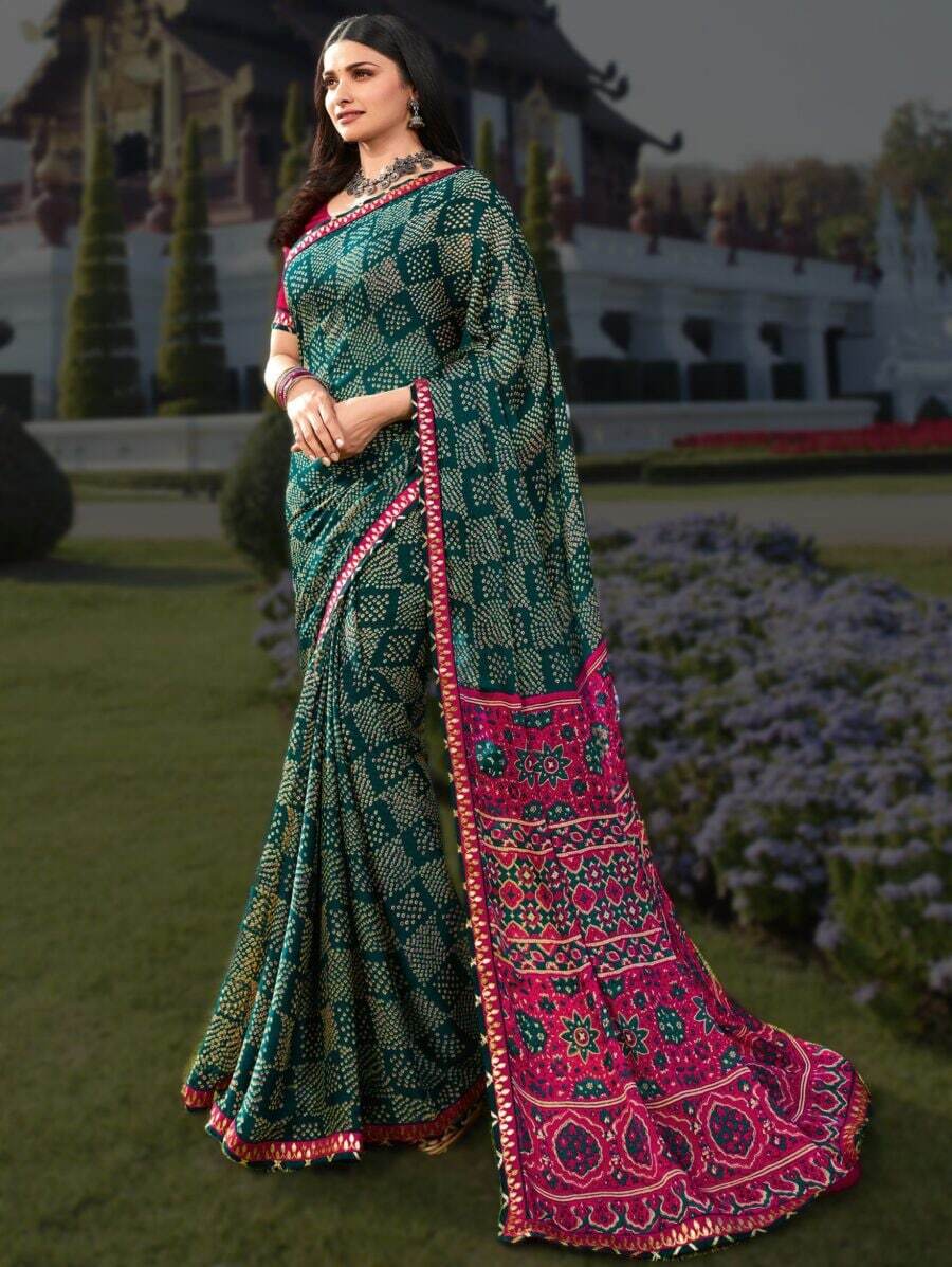 Moss Chiffon - 5.5 Mtr Printed Saree With Banglori Silk Blouse, Ethnic Indian Design, Breathable & Washable Fabric, Customized Logo