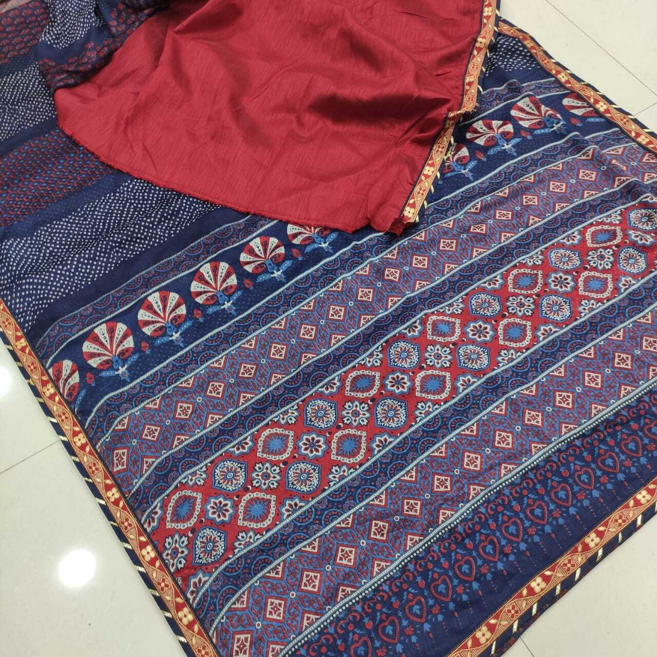 Moss Chiffon - 5.5 Mtr Printed Saree With Banglori Silk Blouse, Ethnic Indian Design, Breathable & Washable Fabric, Customized Logo