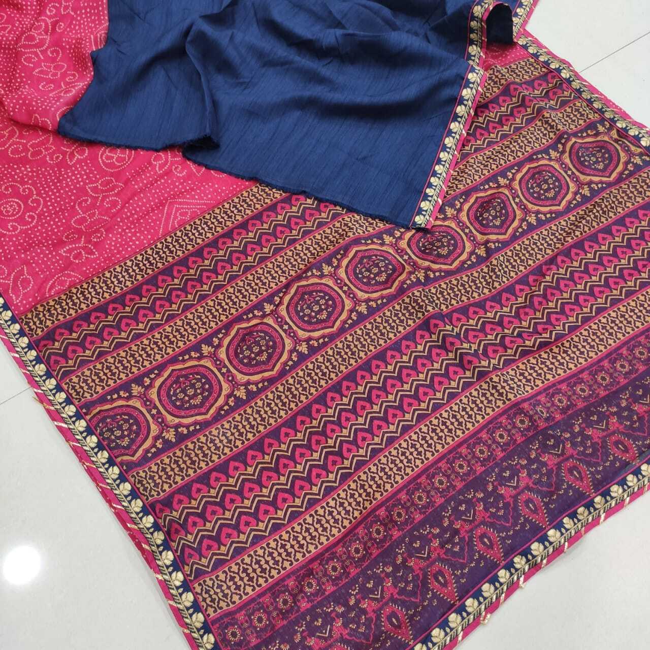 Moss Chiffon - 5.5 Mtr Printed Saree With Banglori Silk Blouse, Ethnic Indian Design, Breathable & Washable Fabric, Customized Logo