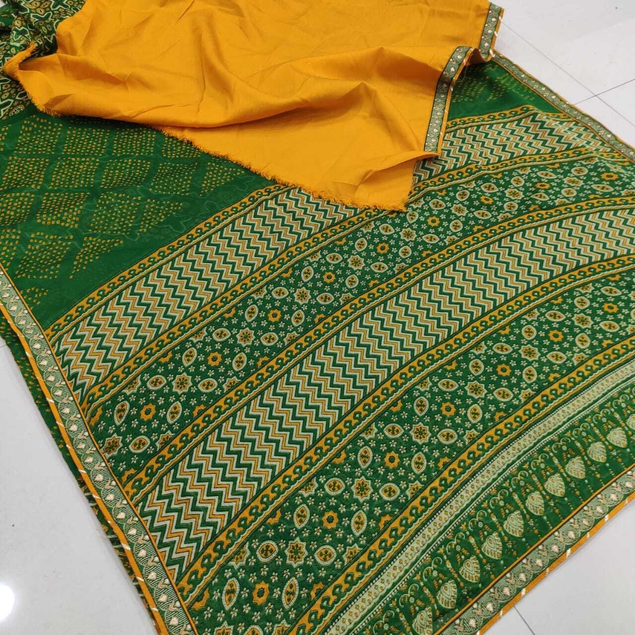 Moss Chiffon - 5.5 Mtr Printed Saree With Banglori Silk Blouse, Ethnic Indian Design, Breathable & Washable Fabric, Customized Logo
