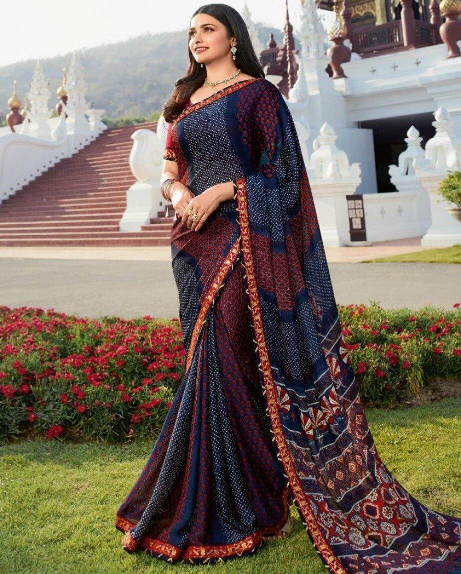 Moss Chiffon - 5.5 Mtr Printed Saree With Banglori Silk Blouse, Ethnic Indian Design, Breathable & Washable Fabric, Customized Logo