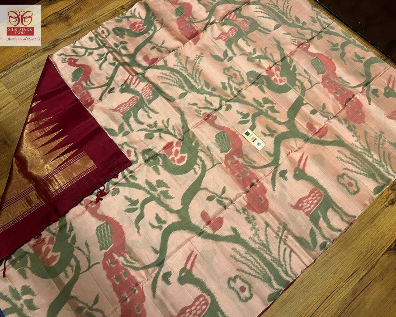 Light Pink With Marron Pure Kanjivaram Vintage Ikkath Silk