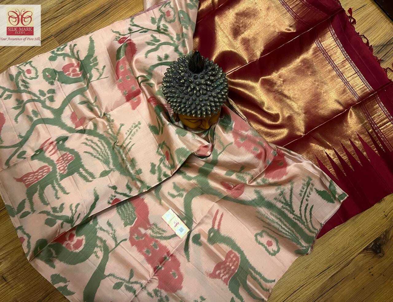 Light Pink With Marron Pure Kanjivaram Vintage Ikkath Silk