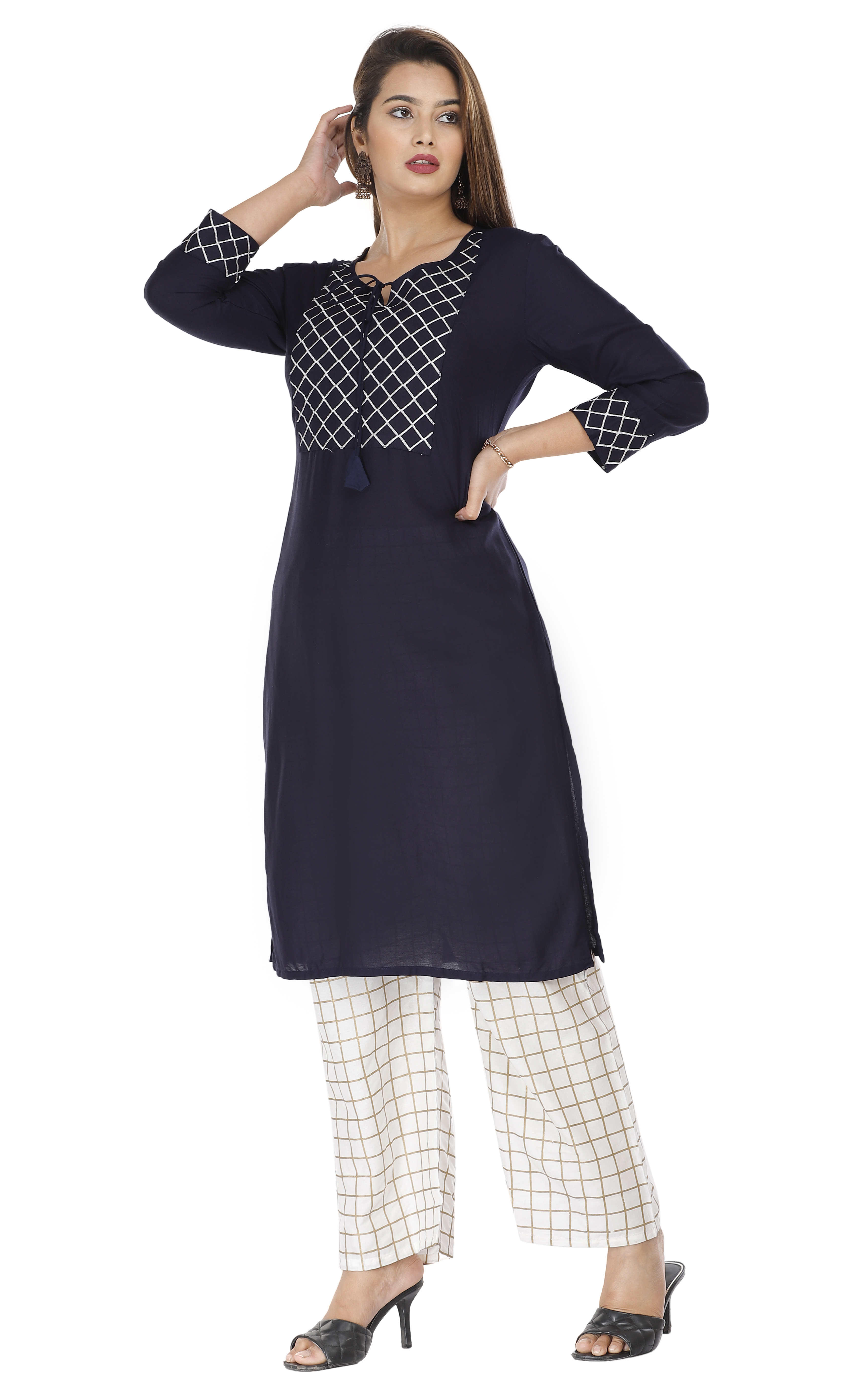 Palazzo Suit - Rayon Fabric, Knee Length, Navy Color - Embroidered Design, Regular Fit, Three-quarter Sleeves, Round Neck
