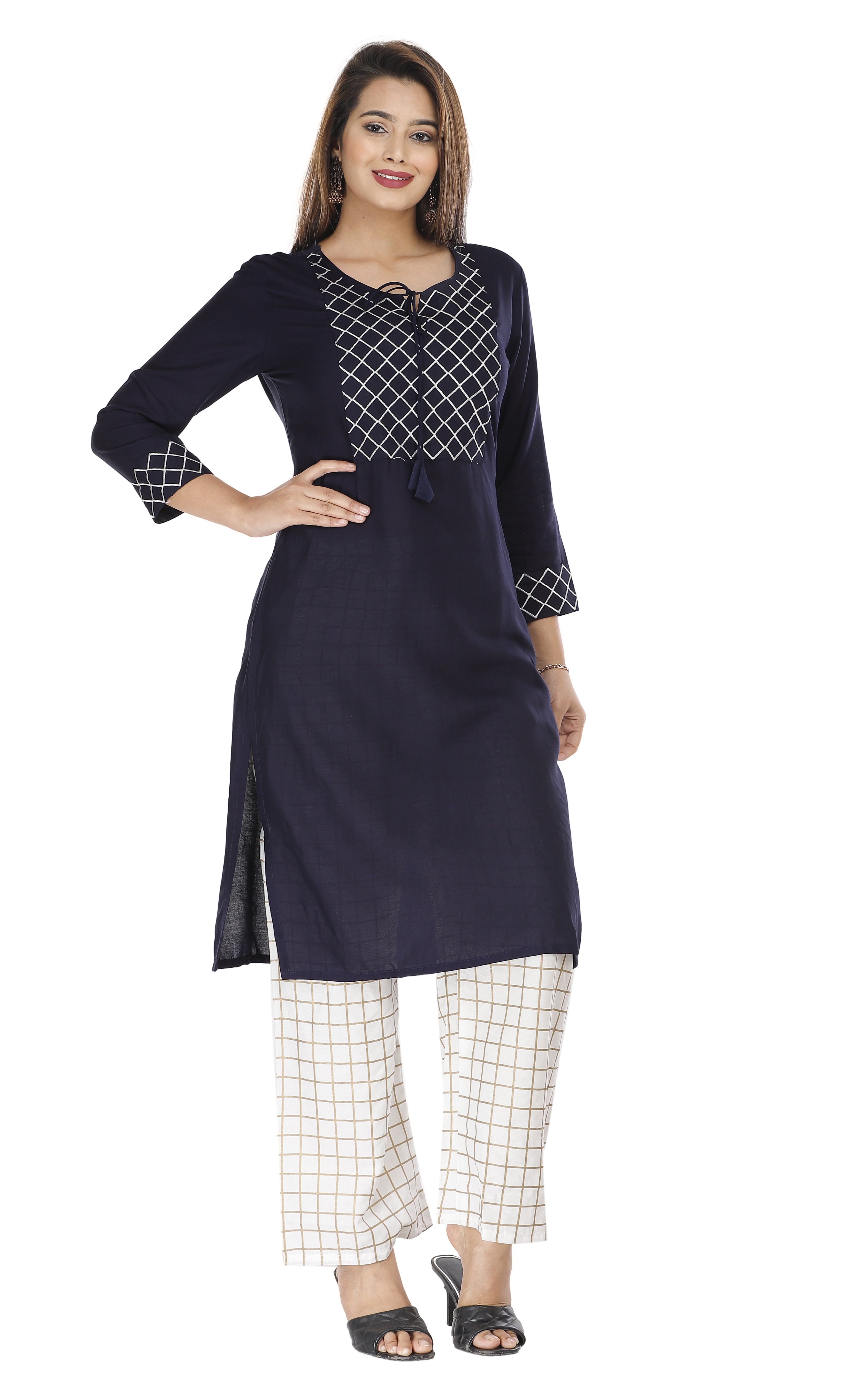 Palazzo Suit - Rayon Fabric, Knee Length, Navy Color - Embroidered Design, Regular Fit, Three-quarter Sleeves, Round Neck