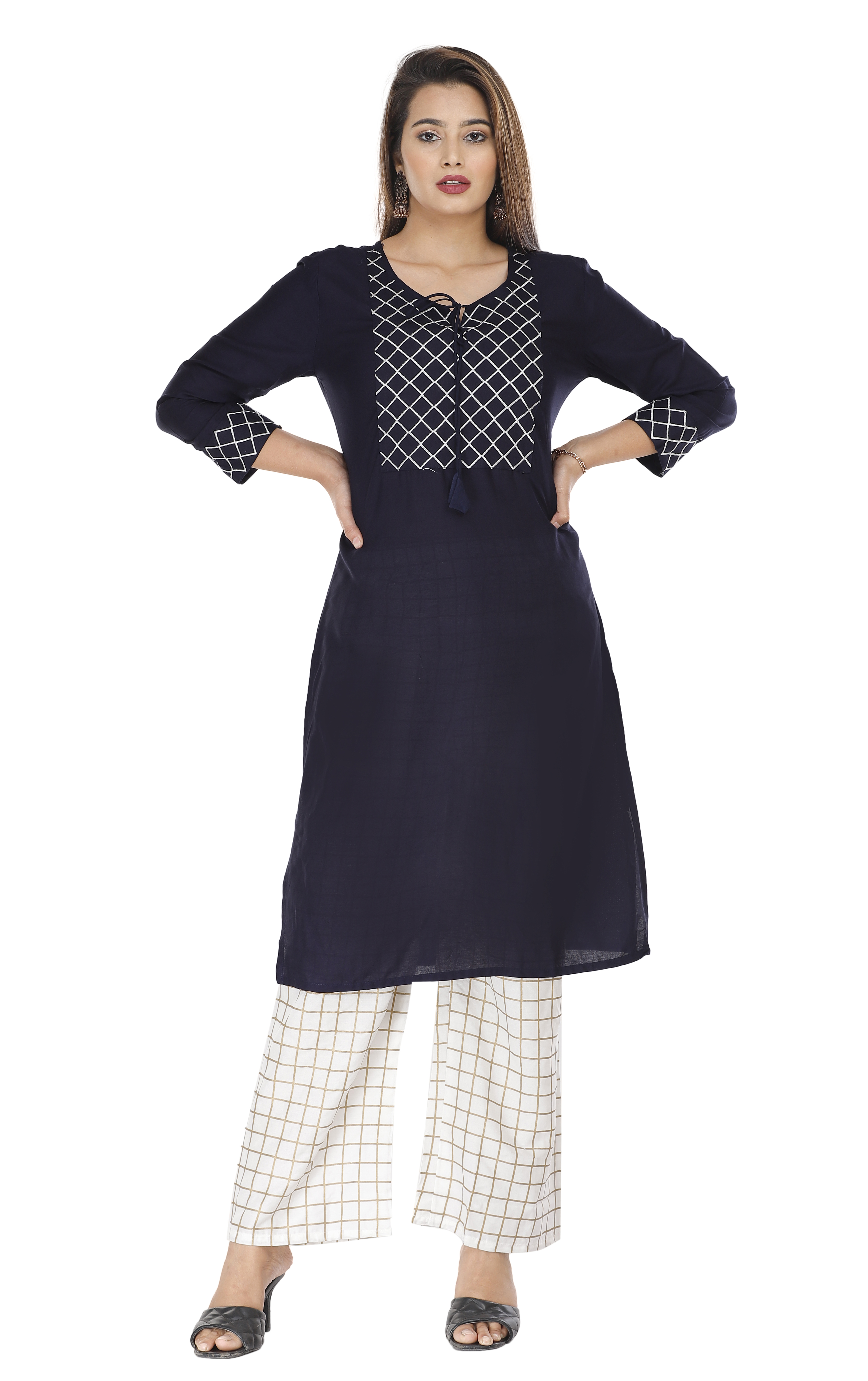 Palazzo Suit - Rayon Fabric, Knee Length, Navy Color - Embroidered Design, Regular Fit, Three-quarter Sleeves, Round Neck