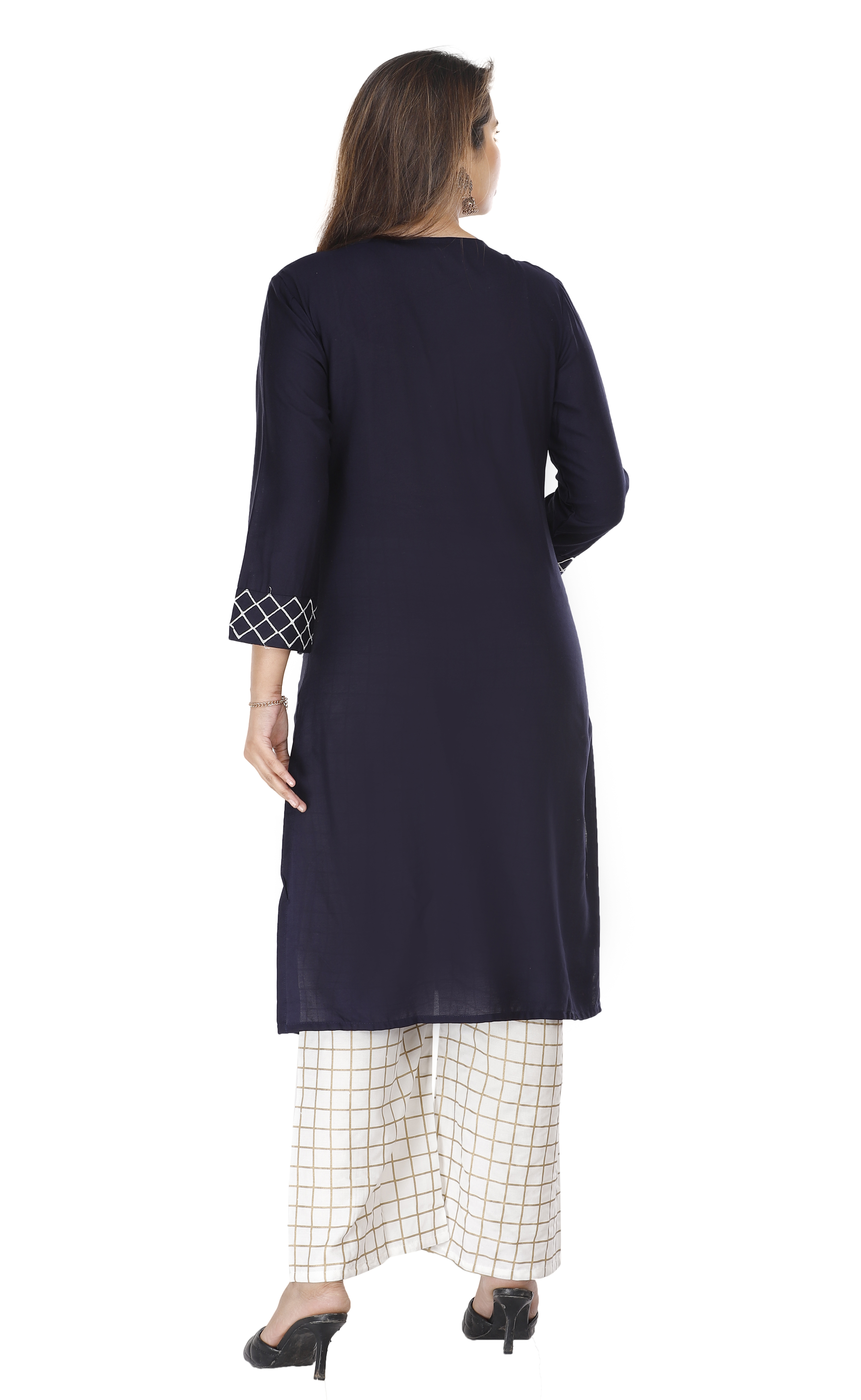 Palazzo Suit - Rayon Fabric, Knee Length, Navy Color - Embroidered Design, Regular Fit, Three-quarter Sleeves, Round Neck
