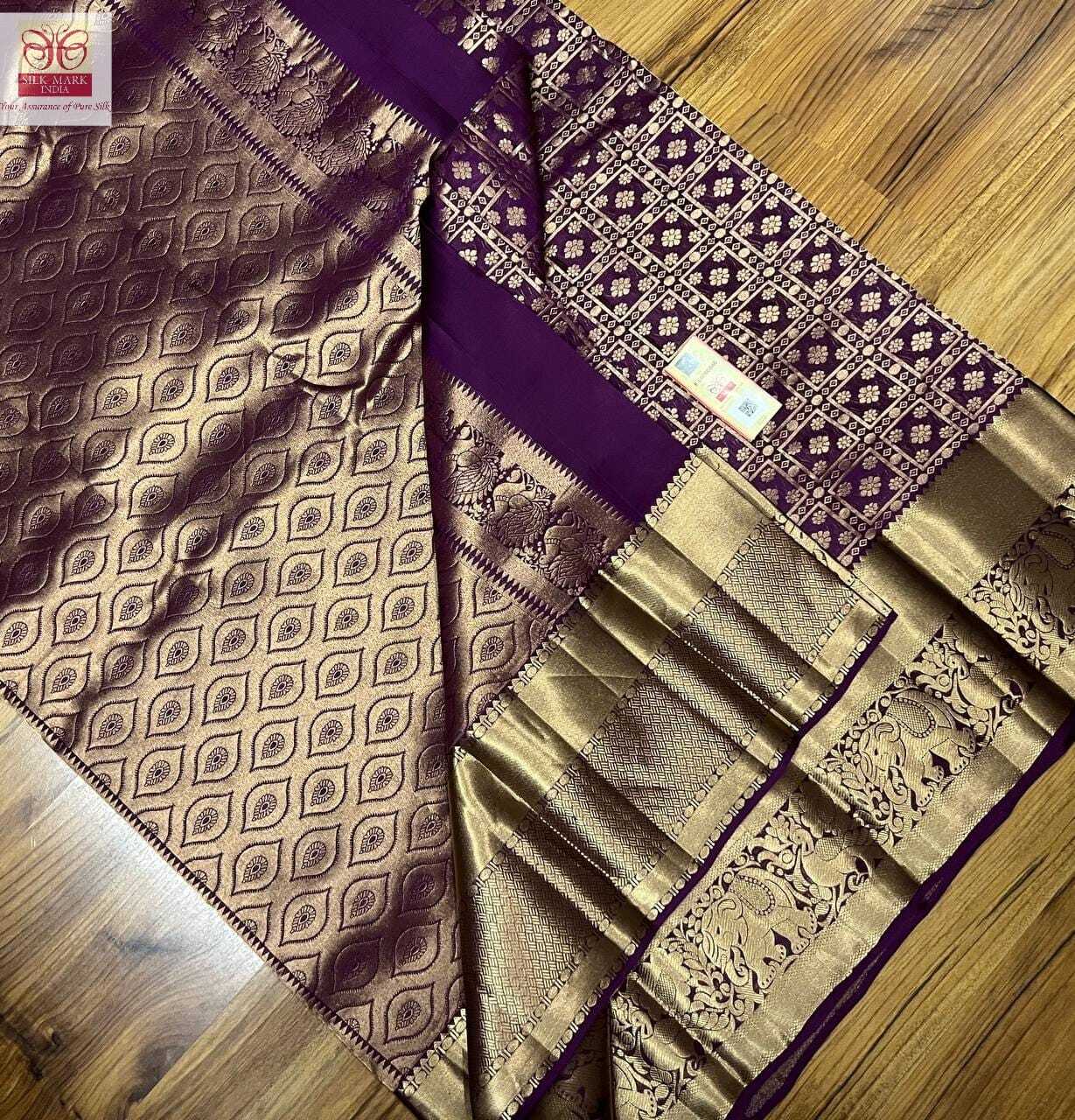 Kanchipuram Silk Saree - Pure Kanjivaram Fabric, Light Weight Design, Elegant Purple Color, Traditional Bridal Satin Style, Customized Size & Stitching, Silk Mark Certified, Featuring Rich Pallu & Blouse, All Over Brocade With Tissue Jarie Weaving