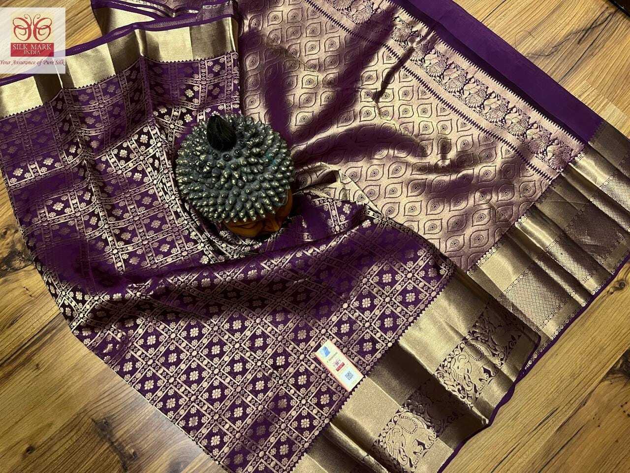 Kanchipuram Silk Saree - Pure Kanjivaram Fabric, Light Weight Design, Elegant Purple Color, Traditional Bridal Satin Style, Customized Size & Stitching, Silk Mark Certified, Featuring Rich Pallu & Blouse, All Over Brocade With Tissue Jarie Weaving