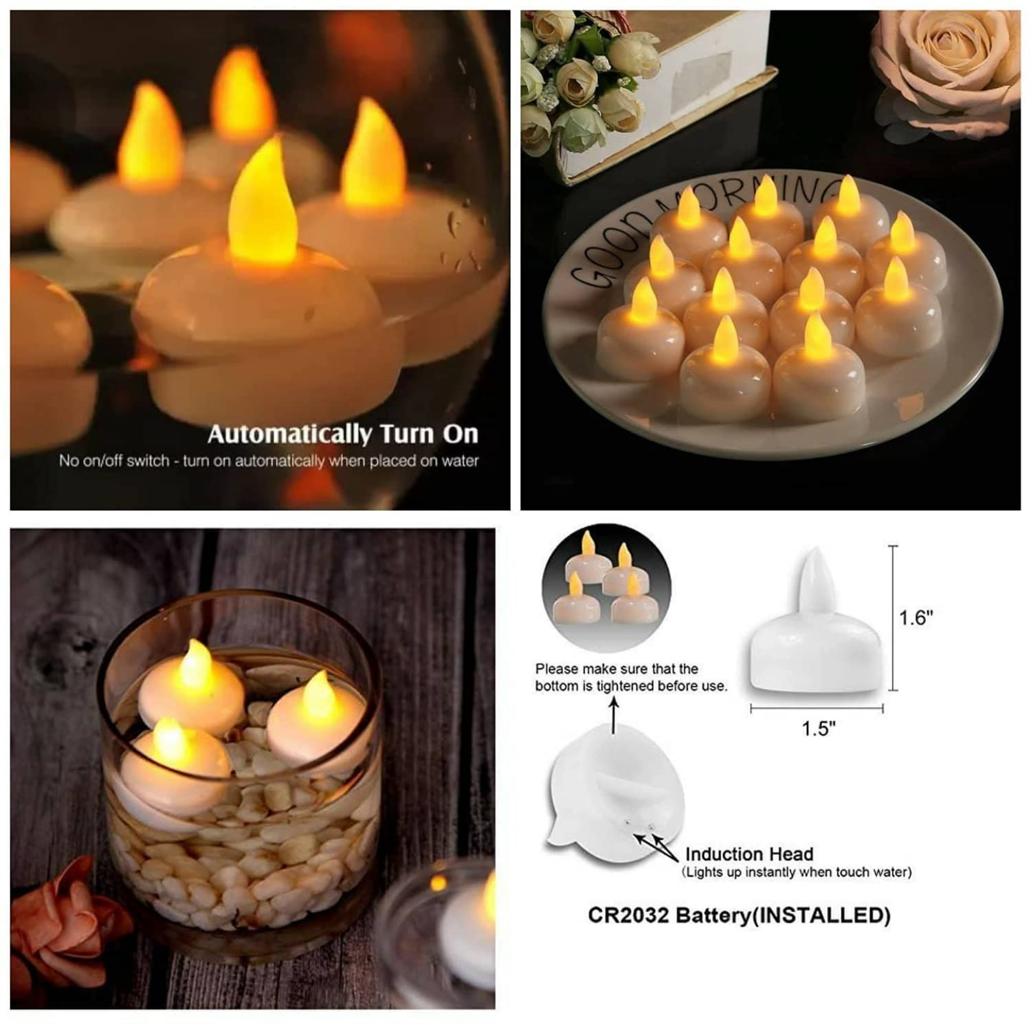 Water Sensor Floating Candles Battery Operated Waterproof Led Lights - Shape: Round, Color: Warm White | Features: Flame-less, Flowery Fragrance, Ideal For Home Decoration, Parties, Weddings, Bars, And Religious Activities