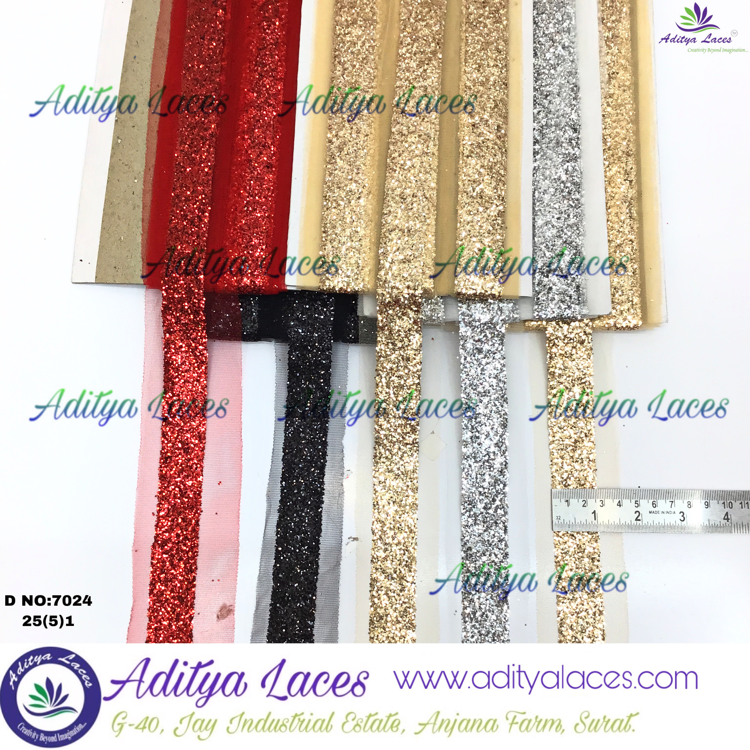 Sequin Lace - Decorative Lace, Standard Width 2.5 Cm | Colors: Red, Black, Gold, Silver, Material: Polyester & Sequin, Pattern: Striped, Hand Wash Recommended