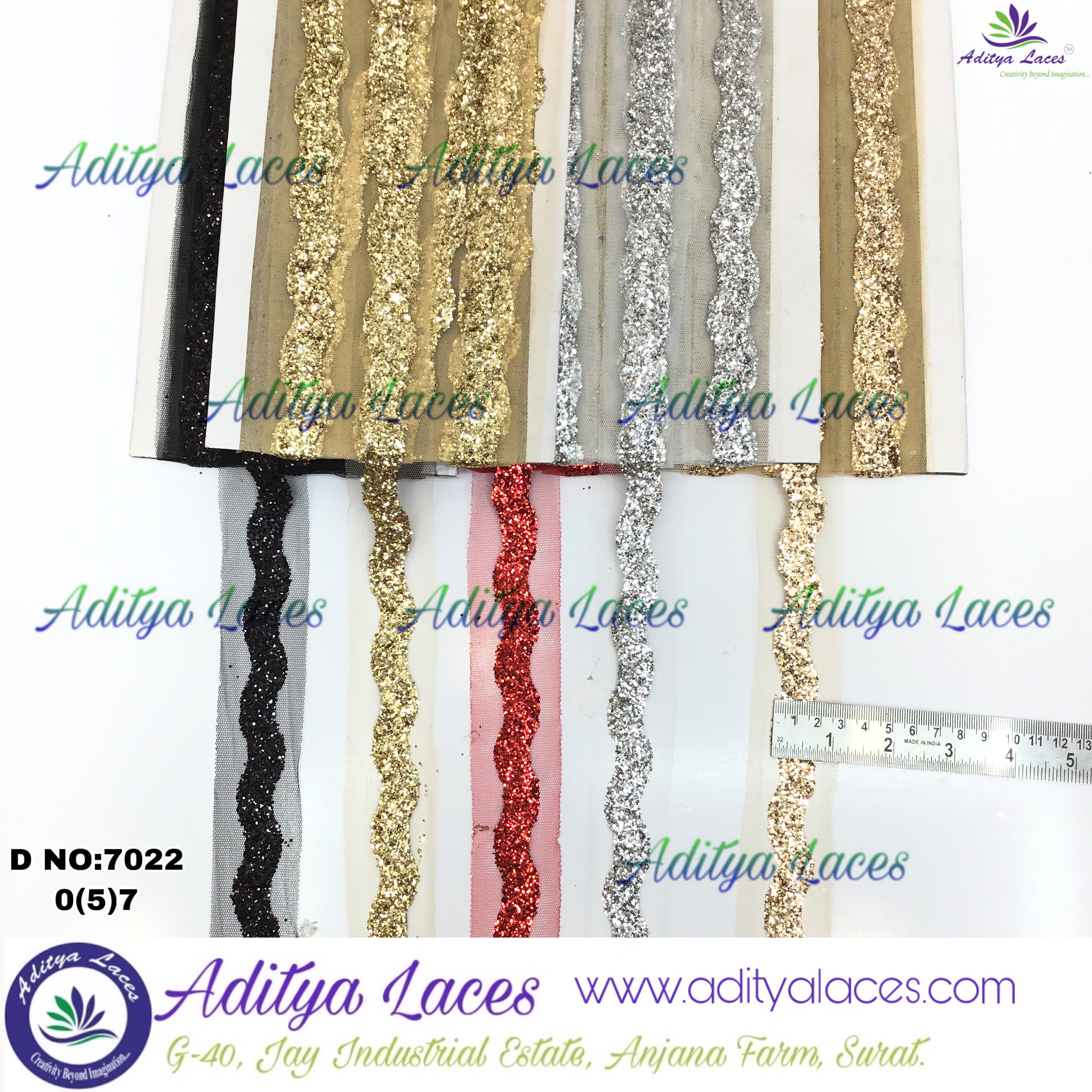 Sequin Lace - Decorative Lace, Standard Width 2.5 Cm | Colors: Red, Black, Gold, Silver, Material: Polyester & Sequin, Pattern: Striped, Hand Wash Recommended