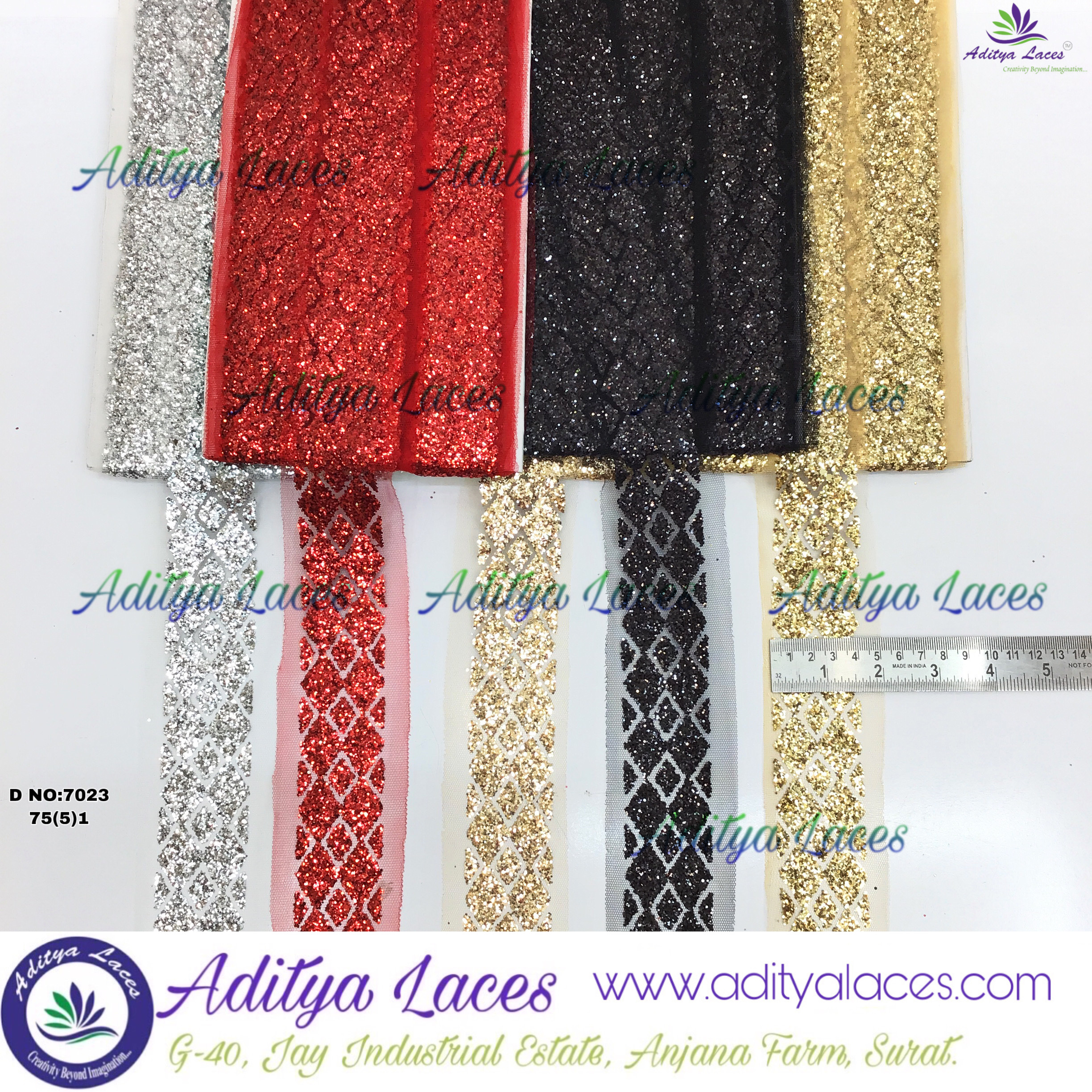 Sequin Lace - Decorative Lace, Standard Width 2.5 Cm | Colors: Red, Black, Gold, Silver, Material: Polyester & Sequin, Pattern: Striped, Hand Wash Recommended