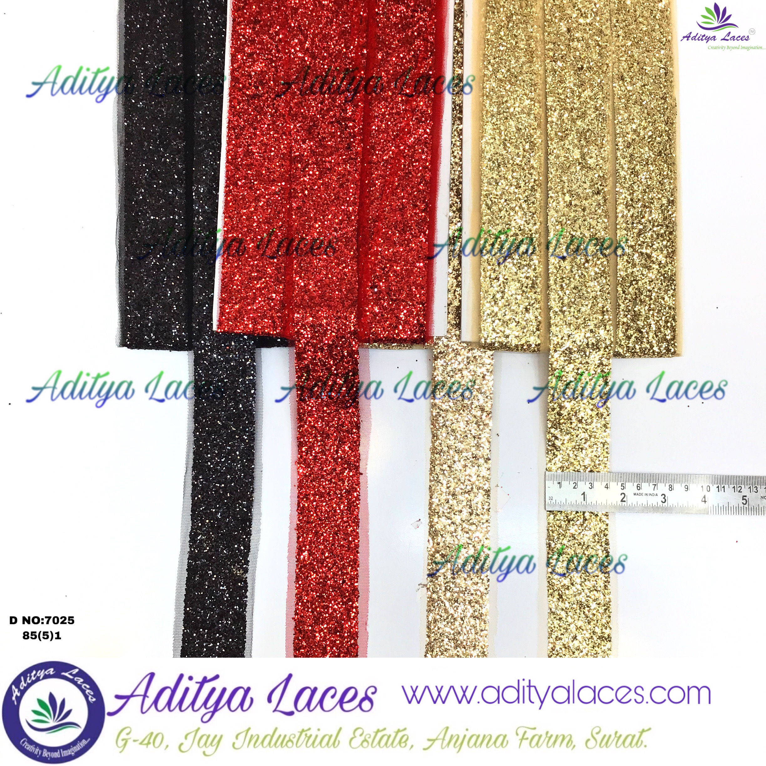 Sequin Lace - Decorative Lace, Standard Width 2.5 Cm | Colors: Red, Black, Gold, Silver, Material: Polyester & Sequin, Pattern: Striped, Hand Wash Recommended