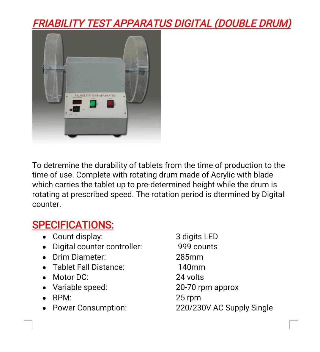 Mild Steel Tablet Friability Tester