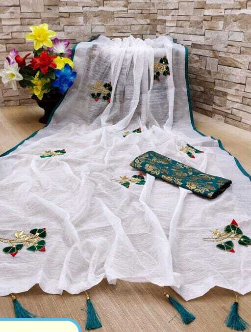 Linen Saree With Banghali Work - 5.50 Mtr Length, 0.80 Mtr Banarasi Silk Blouse | Traditional Ethnic Dress, Breathable, Washable, Customized Logo