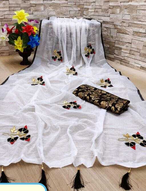 Linen Saree With Banghali Work - 5.50 Mtr Length, 0.80 Mtr Banarasi Silk Blouse | Traditional Ethnic Dress, Breathable, Washable, Customized Logo