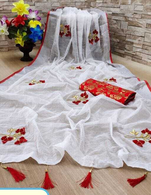 Linen Saree With Banghali Work - 5.50 Mtr Length, 0.80 Mtr Banarasi Silk Blouse | Traditional Ethnic Dress, Breathable, Washable, Customized Logo